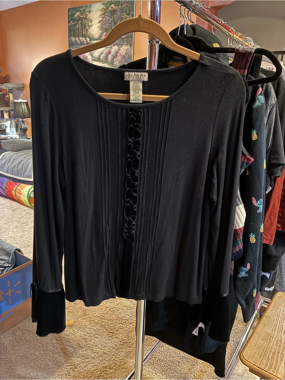 Apostrophe Black Long-Sleeve Velvet Wrist Knit Top with Pintuck and Ruffle Trim